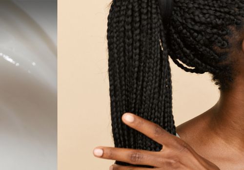 collage of swirled lotion and a woman turned from the camera brushing a hand through her hair