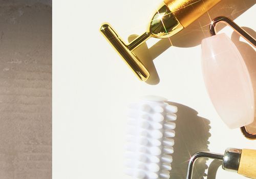 collage of a soap bar and face rollers