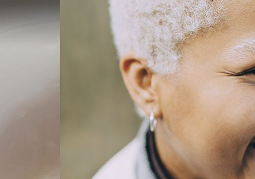 a collage of swirled lotion and a woman, smiling, with grey short hair