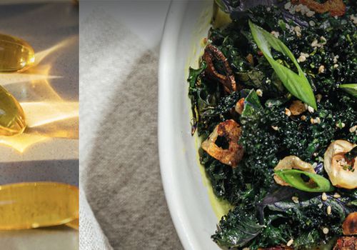 collage of gelcaps on a table and a bowl of healthy foods