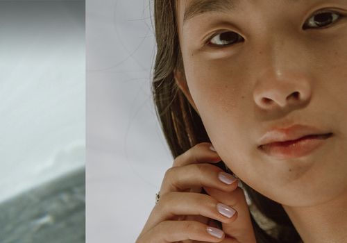 a split image of oil in a vial and a person facing the camera